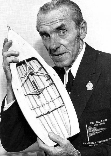 Alf Beashel with a model of an 18ft Skiff