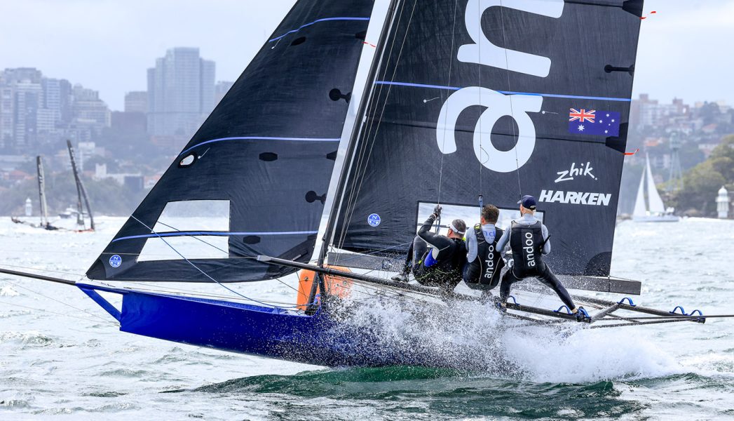 Andoo accelerates away from the weather mark in Rose Bay (SailMedia)