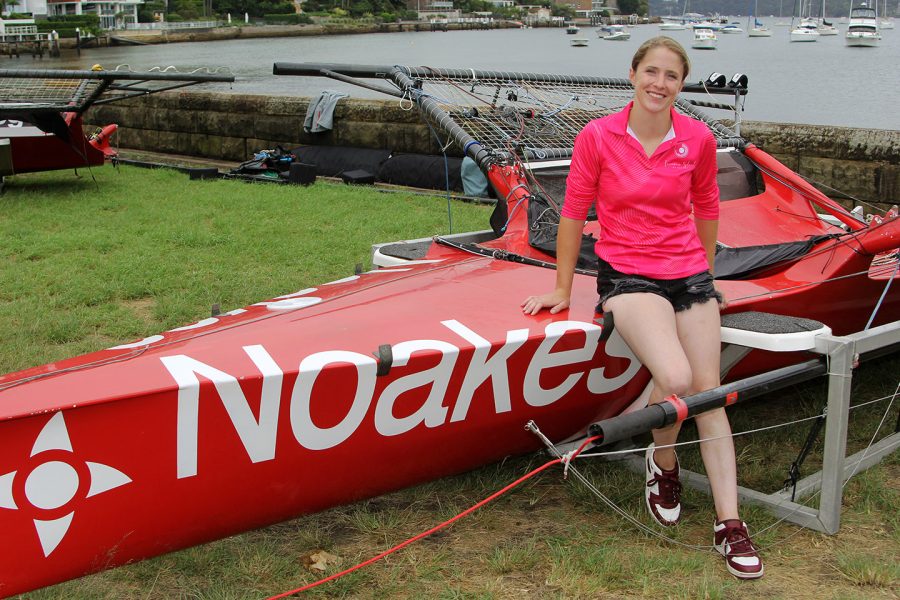 Bec Hancock with the Noakes hull (Frank Quealey)