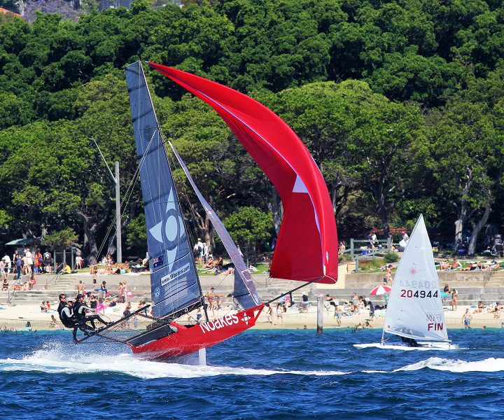 Noakesailing treats sunbathers at a harbourside beach with the speed and action associated with the 18ft Skiffs